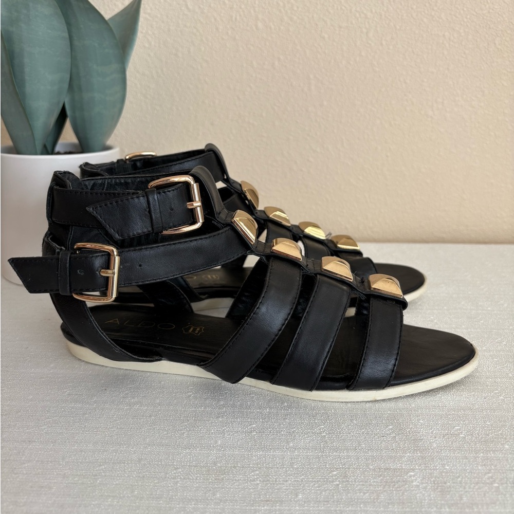 ALDO Black Leather Gold Embelished Gladiator Sandals Women’s 7.5